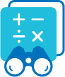 This is the Math Skills Database icon. It is an image of the symbols for addition, subtraction, division, and multiplication in white on a blue background with a pair of blue binoculars in front.