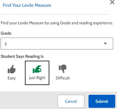 This is an image of the Find your Measure by Grade option in Find a Book. It shows a dropdown box with grade 5 selected and the options for easy, just right, and difficult as thumbs up, ok, and thumbs down icons. The just right, ok hand signal icon is highlighted.