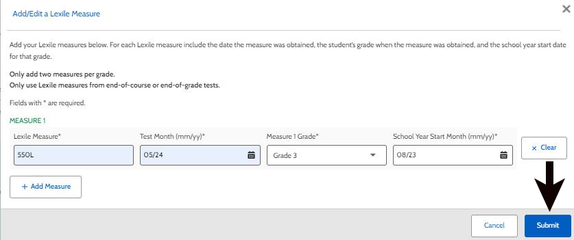 This is an image of the add or edit measures view of the Lexile Growth Planner.