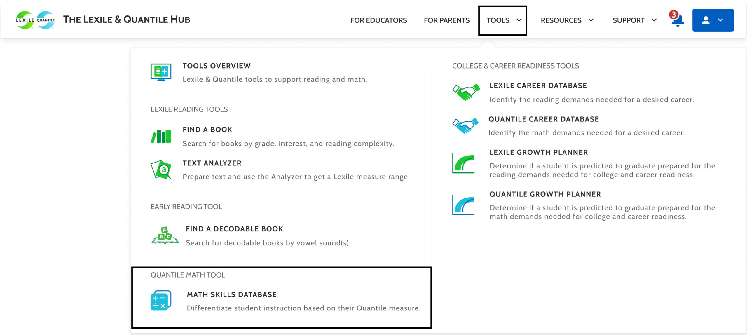 This is an image of the main tool menu highlighting the location of the Math Skills Database tool.