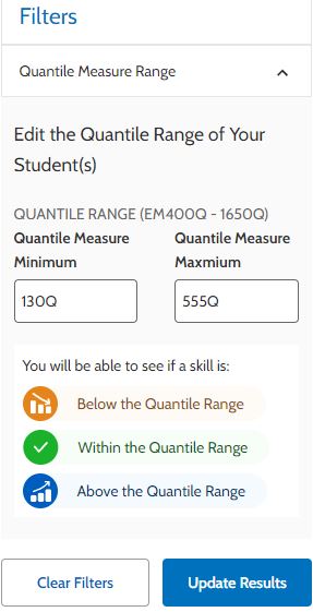 This is an image of the filters available in the Math Skills Database.