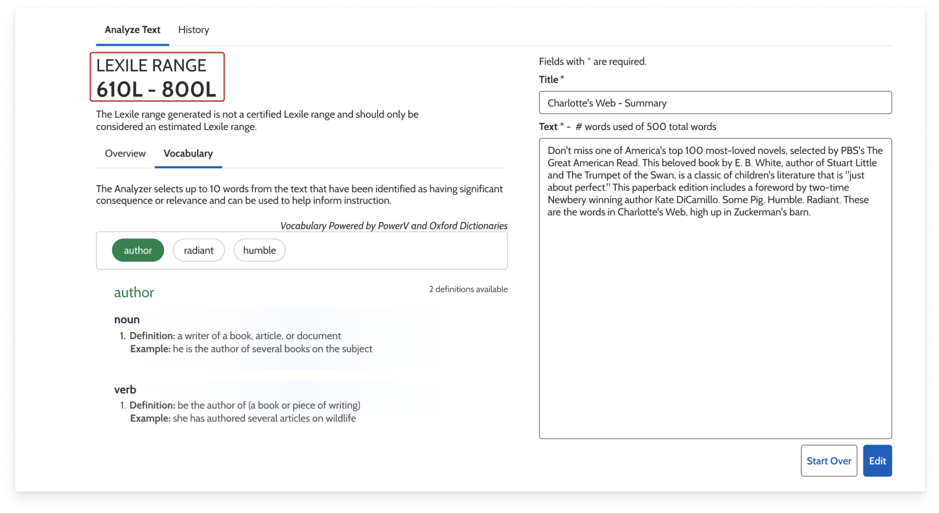 This is an image of the Text Analyzer results page. It highlights the Lexile Range and the Vocabulary tab.