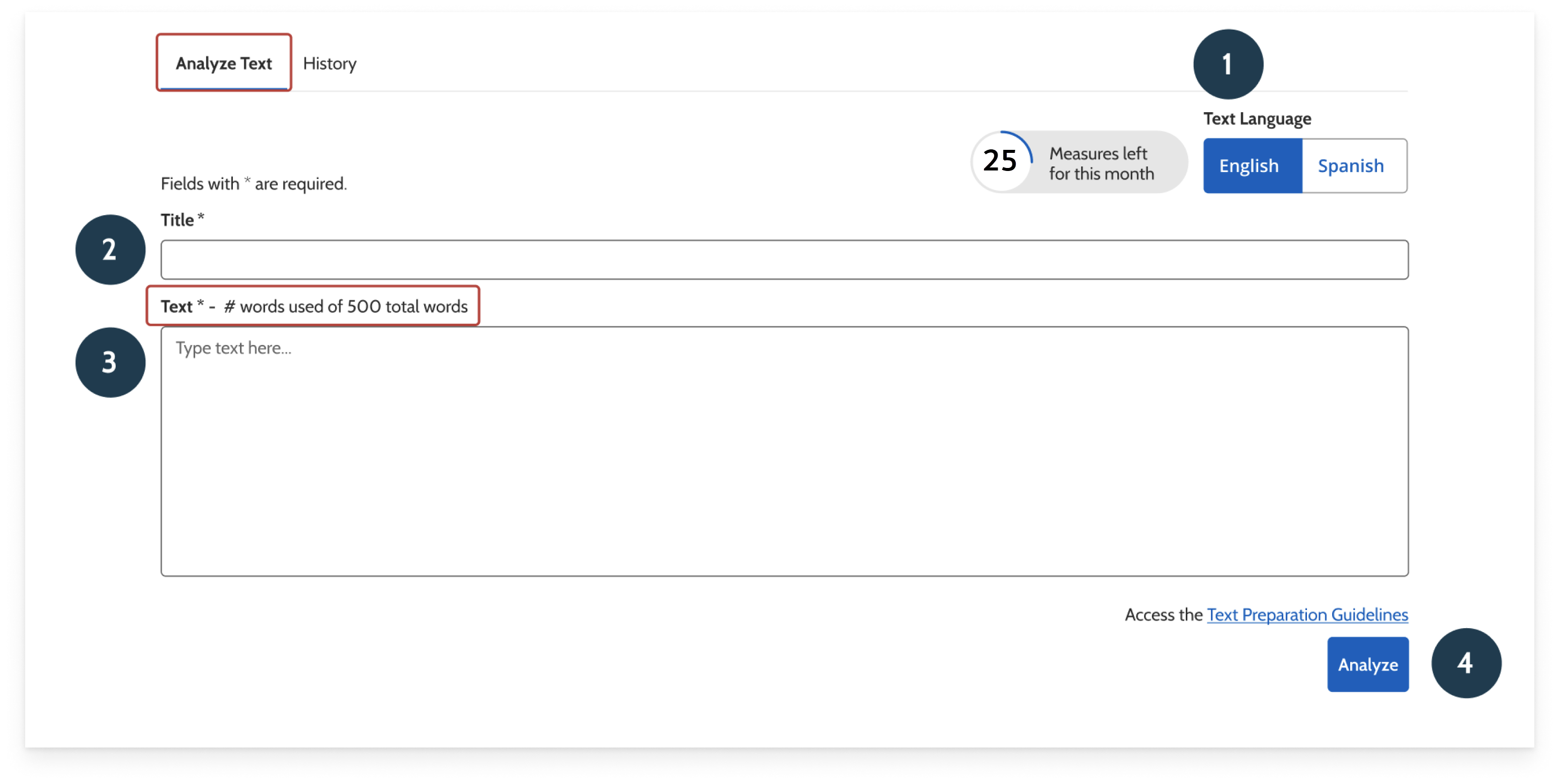 This is an image of the text analyzer page. Highlighting the ‘Analyze Text’ tab and number of total words allowed. Numbers are added next to each of the locations for the steps outlined below.