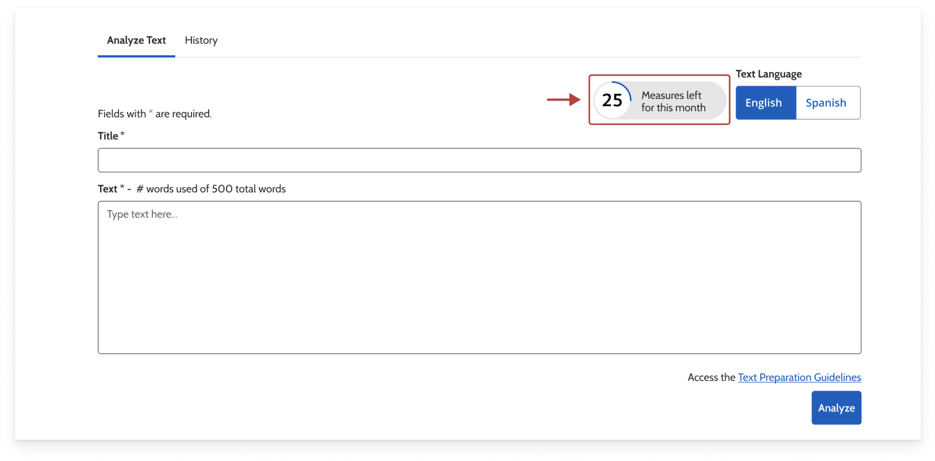 This is an image of the text analyzer page. The ‘number of measures left per month’ meter is highlighted.