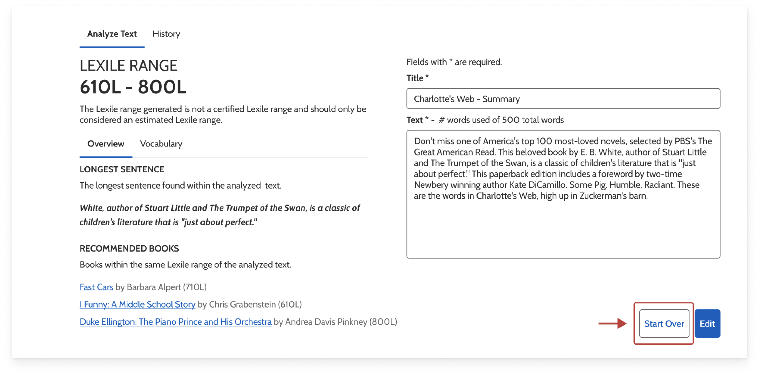 This is an image of the text analysis results page. The ‘Start Over’ button is highlighted.