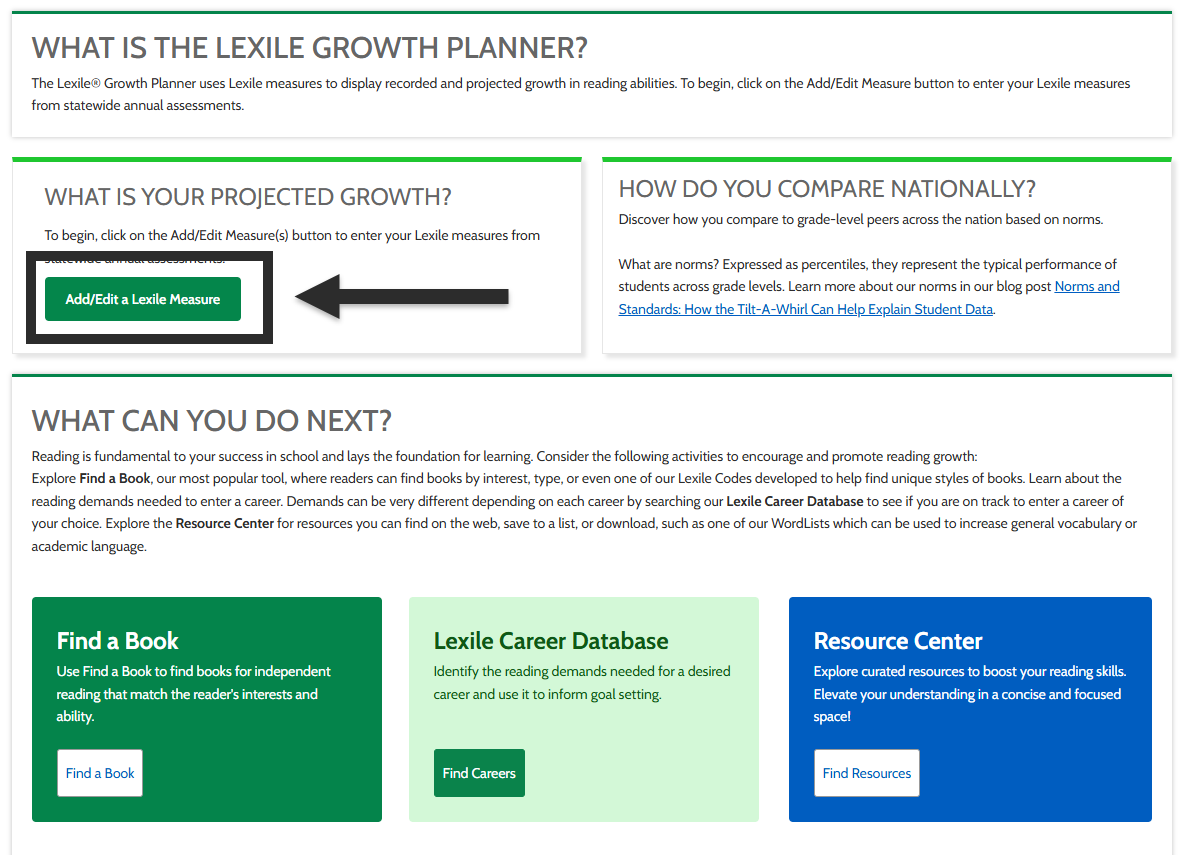 This is an image of the Lexile Growth Planner highlighting the 'Add/Edit Measures' button