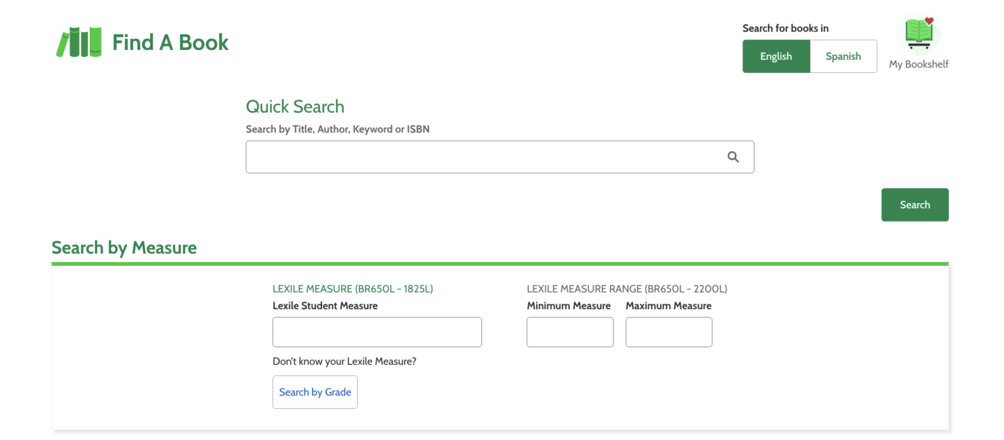 screenshot of find a book showing searching for books by title, lexile measure, or grade