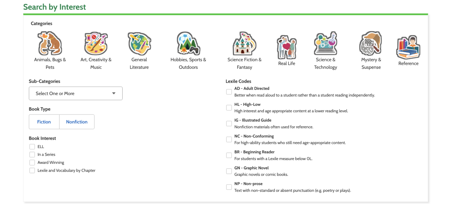 screenshot of find a book showing searching for books by categories