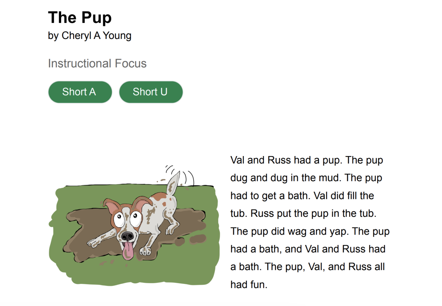 example of a decodable passage showing title, instructional focus short a short u, image of a dog, and passage