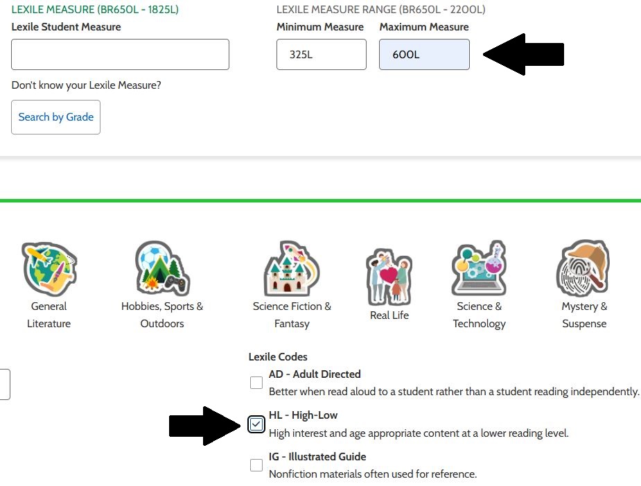 Find a Book landing page with minimum measure input 325L and maximum measure input 600L. HL- High-Low filter is checked.