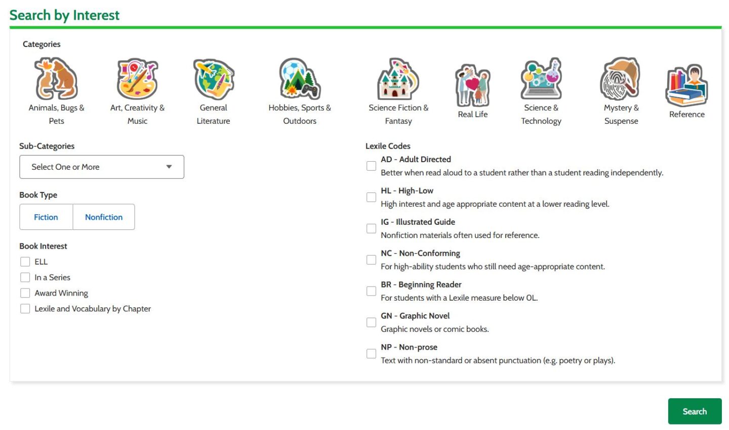 Image showing Interest filters on the Find a Book tool. Filters include Categories, Sub-categories, Book Type, Book Interest, and Lexile Codes.